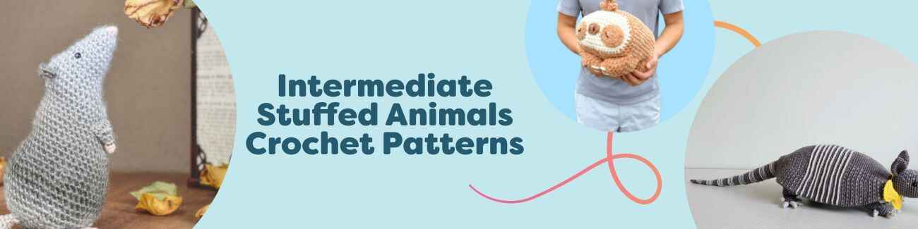 Grid of intermediate stuffed animal crochet patterns from Hobbii, incl. octopus, pterodactyl, sloth, rat, and armadillo.