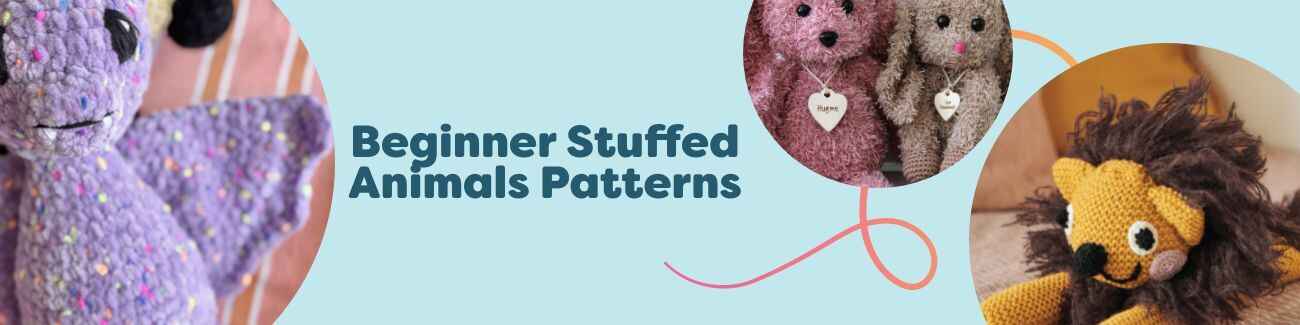 A grid of free beginner stuffed animal crochet and knit patterns from Hobbii showing plush bats, pandas, bunnies, and cats beside yarn, hooks, and needles.