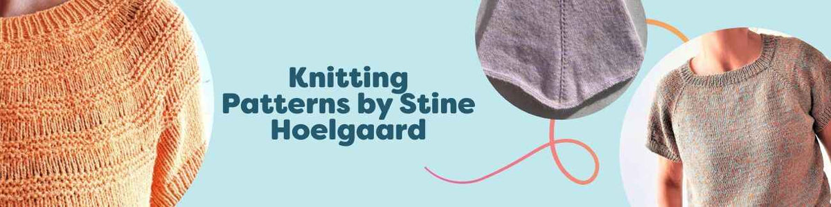 Assorted Stine Hoelgaard knitting patterns from Hobbii—t-shirts, ponchos, and hats for adults and kids in a modern Scandinavian style.