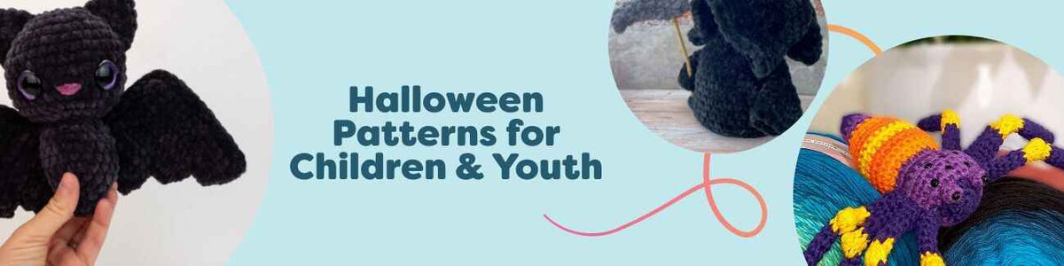 Collection image showing kid-friendly Halloween crochet and knit patterns: bat and spider toys, witch hats, capes, and cozy sweaters in autumn tones.