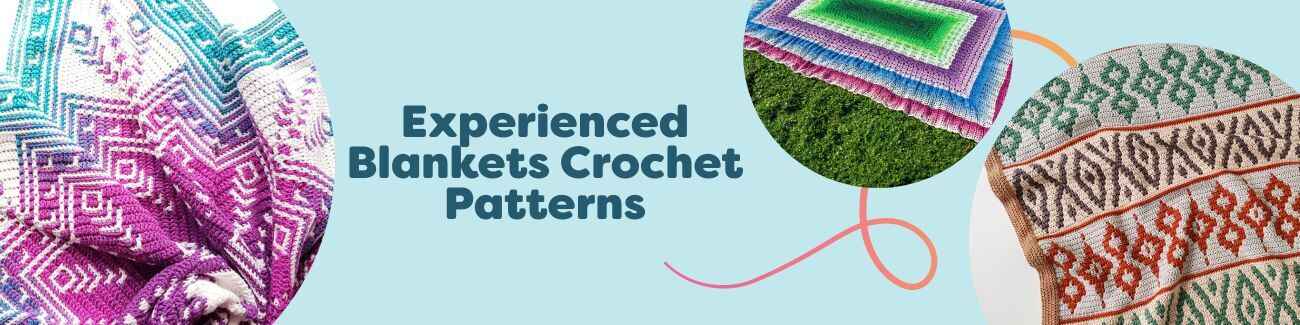 Selection of intermediate and experienced crochet blanket patterns by Hobbii: mosaic, textured hygge, striped, and baby designs arranged with coordinating yarn.