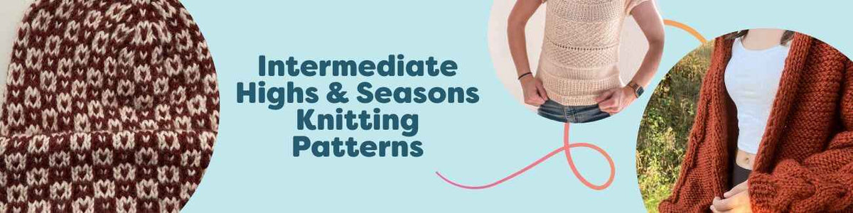 A summer tee, lightweight cardigan, cozy beanie, and a children's sweater knitted in soft yarns, showcasing Hobbii's intermediate patterns for all seasons.