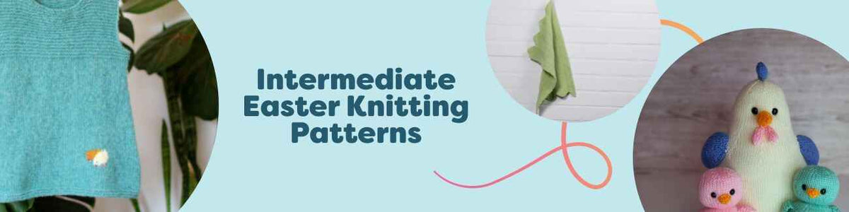 Selection of intermediate Easter knitting patterns from Hobbii: soft toy chickens and bunnies, felted eggs, a spring dress, and a kitchen towel on a spring table.