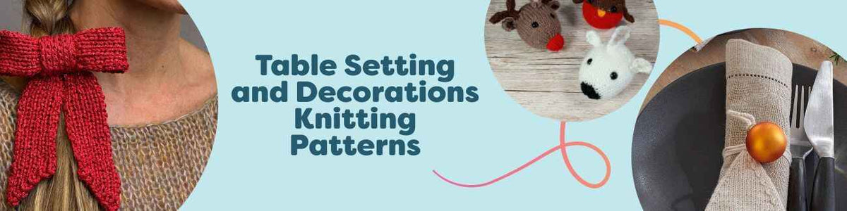 Assorted knitted table decorations from Hobbii—bows, Rudolf & Friends ornaments, silk baubles, a pumpkin house, and autumn acorns styled on a seasonal table.
