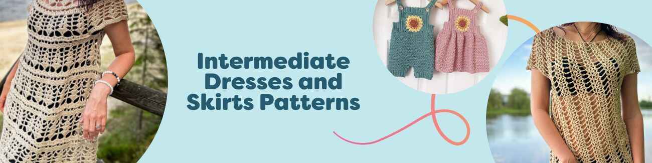 Collection of intermediate crochet dress and skirt patterns from Hobbii, featuring airy beach dresses and lace skirts made in soft yarns.