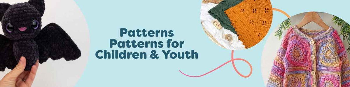 Selection of kids' knit and crochet projects - baby blanket, child's cardigan, beanie, and bat toy - made with soft Hobbii yarns.