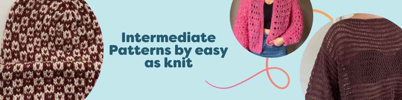 Intermediate knitting and crochet patterns by easy as knit featuring beanies, cardigans, and jumpers styled with Hobbii yarns.