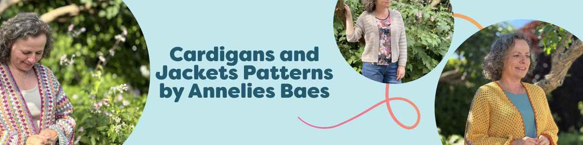 A selection of cardigan and jacket crochet patterns by Annelies Baes, including colorful granny styles and a baby cardigan, shown in soft Hobbii yarns.