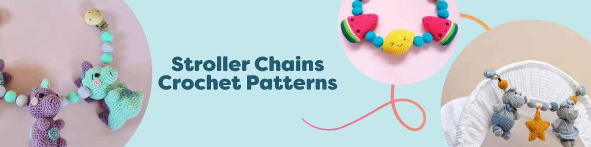 Collection of free crochet stroller (pram) chain patterns from Hobbii featuring dinosaur, bunny, fruit, and elephant designs with clips.
