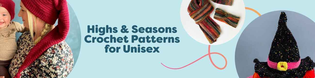 Unisex crochet hats, scarves and headbands in seasonal colors from Hobbii's Highs & Seasons collection, styled on a neutral backdrop.