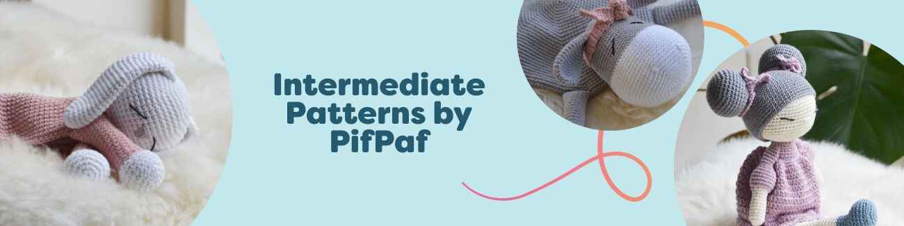Intermediate crochet patterns by PifPaf at Hobbii featuring baby comforters, dolls, and amigurumi animal toys like a bunny, giraffe, and piglet.
