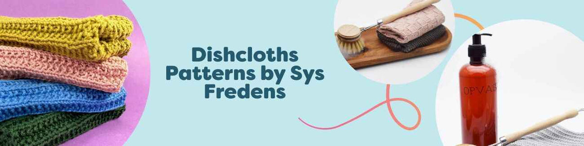 Knitted cotton dishcloths in basket stitch, rib stitch, corner-to-corner, and rille designs in soft colors—free patterns by Sys Fredens for Hobbii.