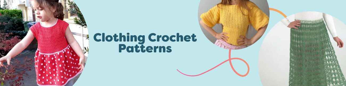 Collage of free clothing crochet patterns from Hobbii featuring a strawberry dress, crochet tops, a skirt, and beanies in assorted colors.
