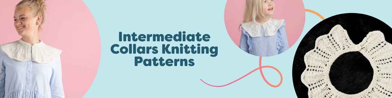 A selection of intermediate knitted collars with lace and textured details laid flat, styled with Hobbii yarn and needles.