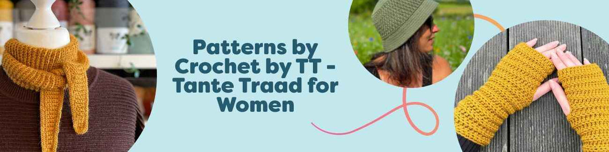 Assortment of women's crochet patterns by Crochet by TT - Tante Traad at Hobbii, featuring a scarf, bucket hat, wrist warmers, bag, and pixie hat.
