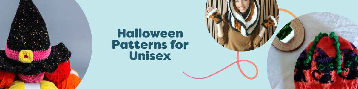 Assortment of unisex Halloween knit and crochet patterns by Hobbii: hooded cat cape, spider mitts, black cats hat, plush witch hat, scarf and hand warmers.