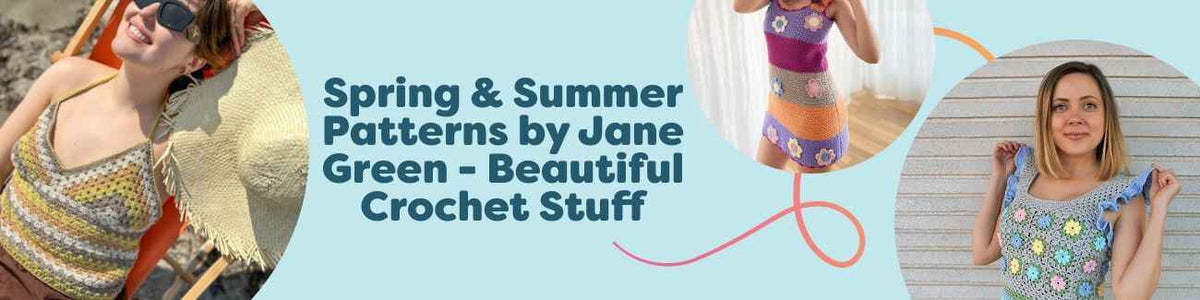 Spring and summer crochet patterns by Jane Green from Hobbii, featuring airy tops, a crop top, and a dress in lightweight yarns.