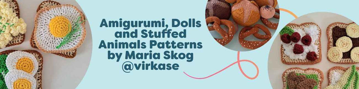 Amigurumi patterns by Maria Skog: food toys, dolls, and soft animals made with Hobbii yarn.