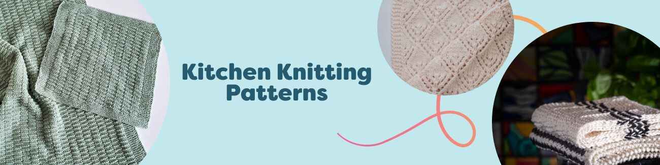 Collection image of kitchen knitting patterns from Hobbii—dishcloths, hand towels, and tea cozies in textured stitches, styled in a bright kitchen.