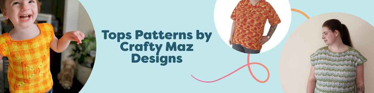Collage of modern crochet tops by Crafty Maz Designs from Hobbii, featuring lightweight tees, shells, and a children's top in soft cotton yarns.