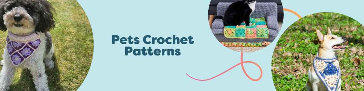 Collection image of free pet crochet projects from Hobbii: dog bandanas, a dog jumper, a cat house and a kitty couch.