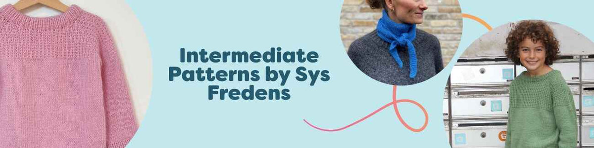 Collage of intermediate crochet patterns by Sys Fredens from Hobbii, featuring shawls, sweaters, scarves, wrist warmers, and Tunisian crochet designs.