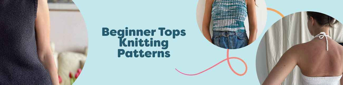 Collection of beginner-friendly knitted tops from Hobbii, featuring camisoles, halterneck styles, and a children’s top in soft, lightweight yarns.