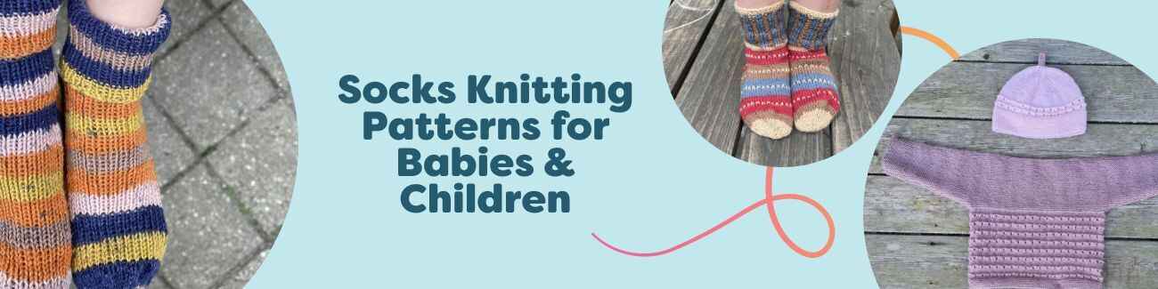 Assorted hand-knit baby and kids socks in soft pastels and neutrals, with booties and yarn skeins on a light background — Hobbii collection