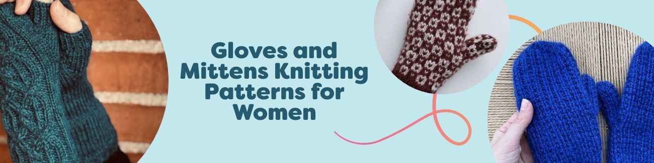 Collection of women’s knitted mittens, gloves, and wrist warmers in varied textures and colors, modeled outdoors; cozy handmade accessories by Hobbii.