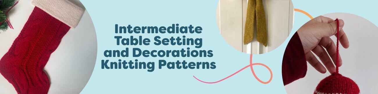 Knitting collection with intermediate table decor and holiday decorations—knitted bows, baubles, pumpkins, and a Christmas stocking on a styled table.