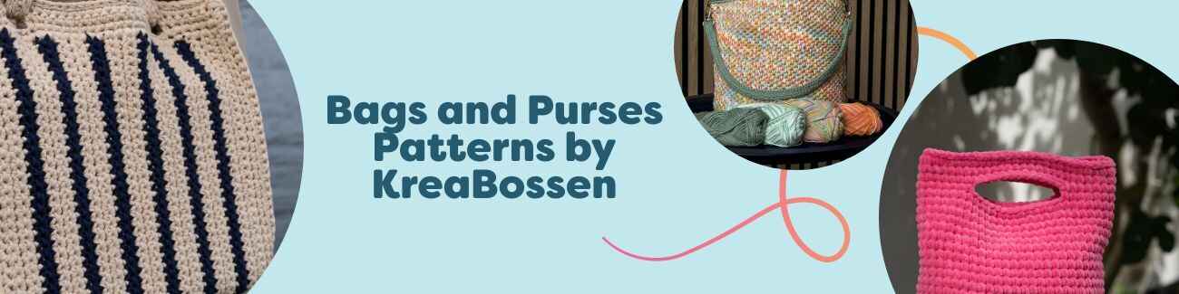 Collection of KreaBossen crochet and knit bag and purse patterns at Hobbii, featuring totes, clutches, and crossbody styles in modern textures.