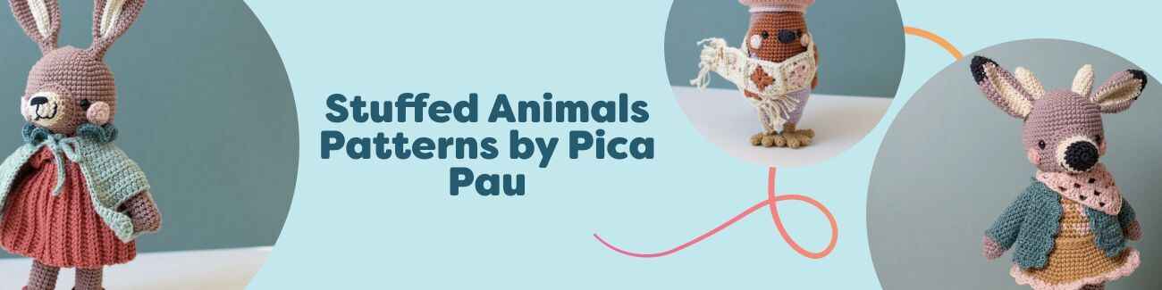 A grid of Pica Pau amigurumi stuffed animal crochet patterns from Hobbii, featuring a hare, robin, deer, stoat, and dog.