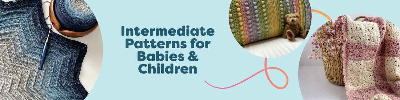 Selection of intermediate crochet and knitting patterns for babies and children, featuring baby blankets and kids cardigans from Hobbii.
