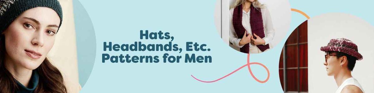Men’s knit and crochet hats and headbands in neutral colors—ribbed beanies, raffia-brim hats, and scarf sets—free patterns from Hobbii.