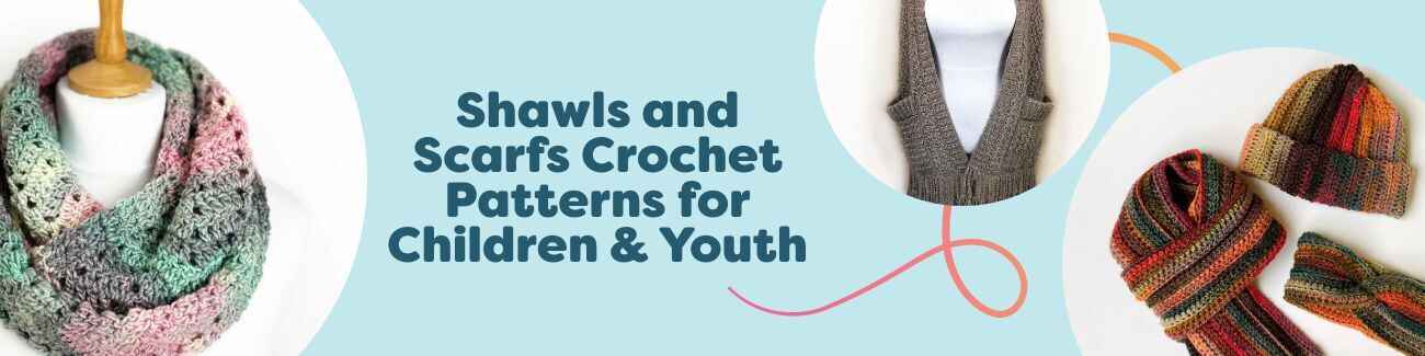Assortment of kids' crochet shawls and scarves: pocket shawls, infinity scarves, and cozy sets in bright, playful colors.