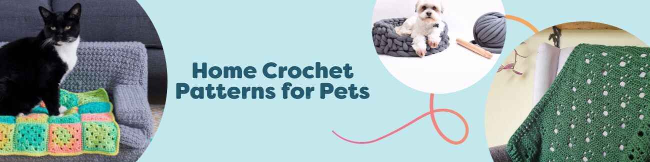Collection of free pet crochet patterns for the home, featuring a cat couch, dog bed, and paw‑print blanket made with soft Hobbii yarns.