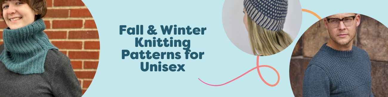Collection image showing free unisex fall and winter knitting patterns from Hobbii, including cozy cowls, hats, and a sweater styled in neutral tones.