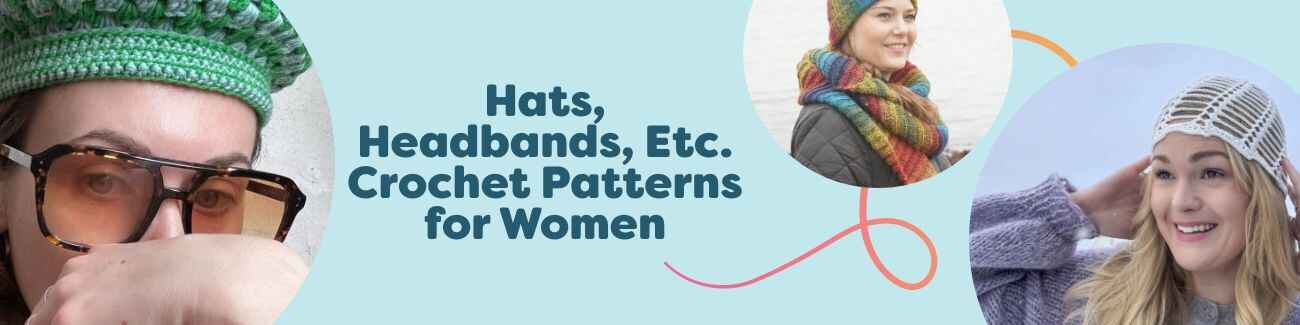 Collage of free women's crochet hats, headbands, berets, and beanies from Hobbii, including a raffia hat, textured beanie, twist headband, and classic beret.