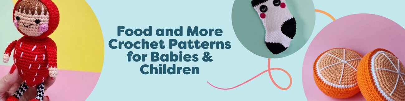 Grid of free kids’ crochet patterns by Hobbii, featuring amigurumi play food (strawberry, orange, pumpkin, tomato) and a panda Christmas stocking.