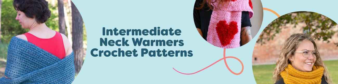 Assortment of free intermediate crochet neck warmers—cowls, wraps, tubes, bandanas, and scarves—made with Hobbii yarn in varied textures and colors.