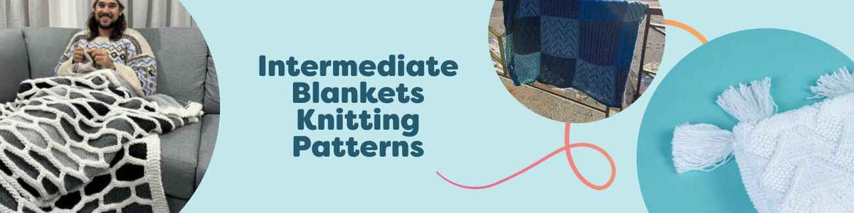 A curated selection of intermediate blanket knitting patterns from Hobbii—baby blankets, mosaic designs, and cozy throws styled with coordinating yarn.