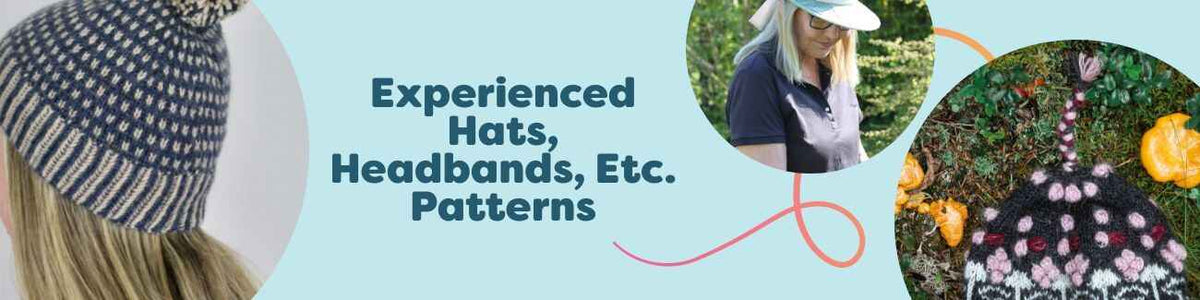 Collage of experienced-level knit and crochet hat and headband patterns from Hobbii, including River Stone Hat, Golf Cap, Woodland Hat, and Elatius Aviator Hat.