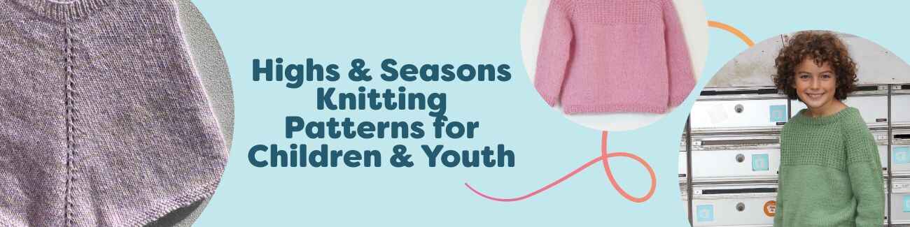Flat lay of children’s and youth hand-knit garments—sweaters, a poncho, and a beanie—made with soft wool yarns, styled with Hobbii yarn skeins.