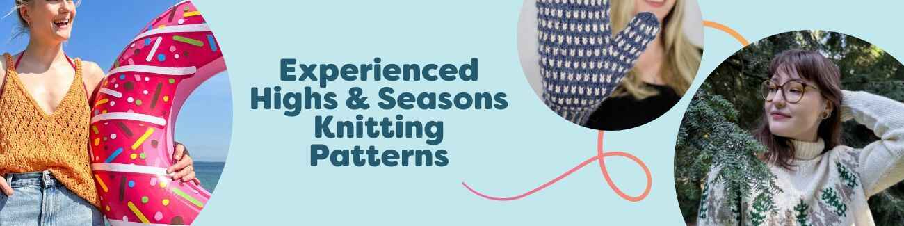 Collage of free advanced and seasonal knitting patterns from Hobbii—tops, mittens, sweaters, and bags knit in cozy yarns.