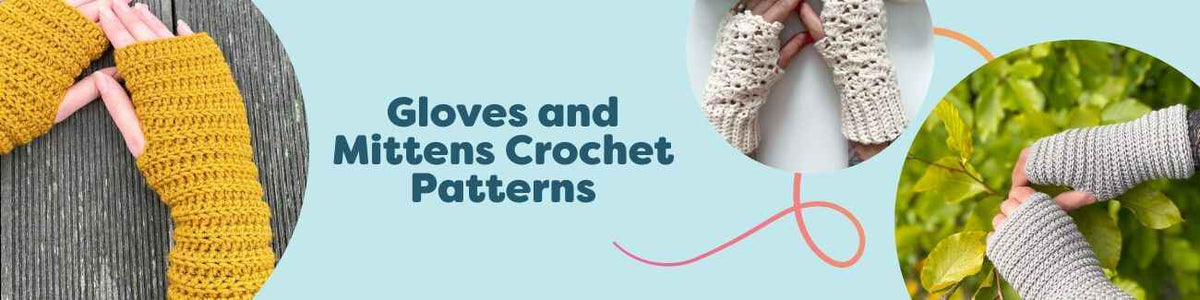 Selection of crochet patterns for gloves, mittens, and wrist warmers from Hobbii, including fingerless styles in cozy yarn.