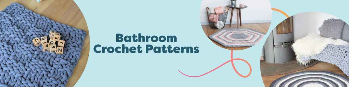 Selection of free bathroom crochet patterns from Hobbii featuring ribbon-yarn bath mats, round rugs, and an owl motif rug for beginner to intermediate crocheters.