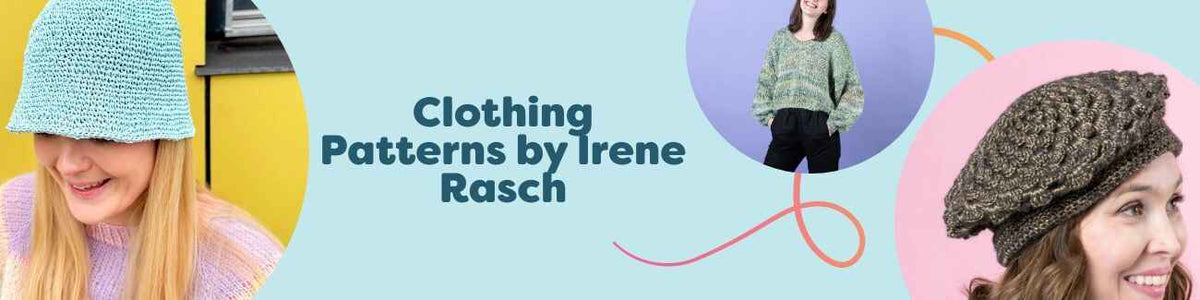 Free clothing patterns by Irene Rasch at Hobbii featuring bucket hats, sweaters, berets, and slipovers for knit and crochet makers.
