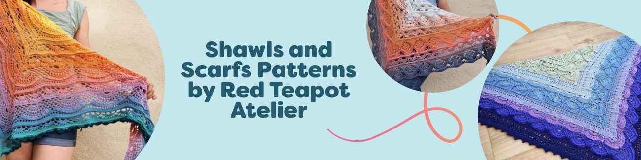 Shawl and scarf crochet and knit pattern covers by Red Teapot Atelier at Hobbii, including DarjeelingTea, CeylonTea, and JasmineTea designs.
