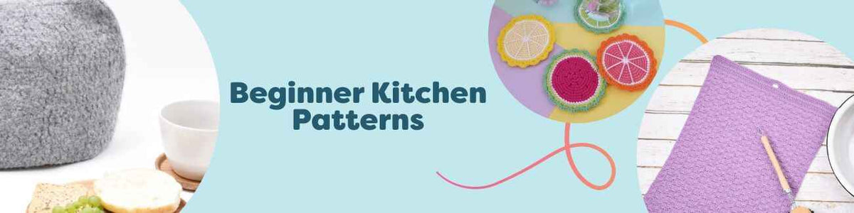 Assortment of free beginner kitchen patterns from Hobbii: knit and crochet coasters, dishcloths, potholders, tea cozies, and towels in colorful cotton yarns.