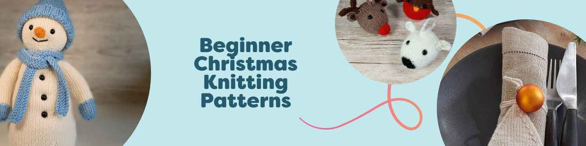 Assorted beginner Christmas knitting patterns: snowman, elves, ornaments, and festive socks made with Hobbii yarn on a cozy holiday backdrop.